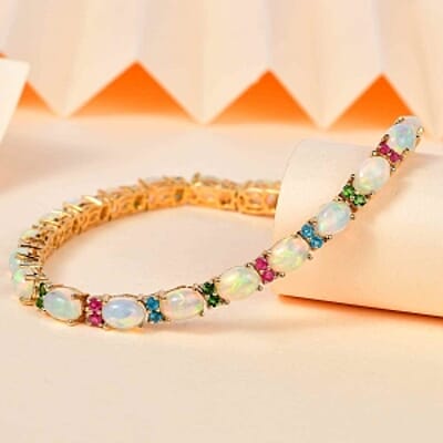 Ethiopian Welo Opal and Multi Gemstone 12.10 ctw Cluster Bracelet in Vermeil Yellow Gold Over Sterling Silver (7.5 In) (10.48 g)