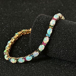 Ethiopian Welo Opal and Multi Gemstone 12.10 ctw Cluster Bracelet in Vermeil Yellow Gold Over Sterling Silver (7.5 In) (10.48 g)