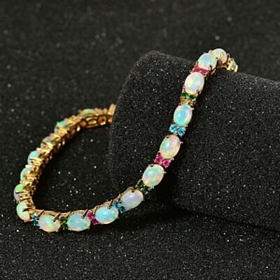 Ethiopian Welo Opal and Multi Gemstone 12.10 ctw Cluster Bracelet in Vermeil Yellow Gold Over Sterling Silver (7.5 In) (10.48 g)