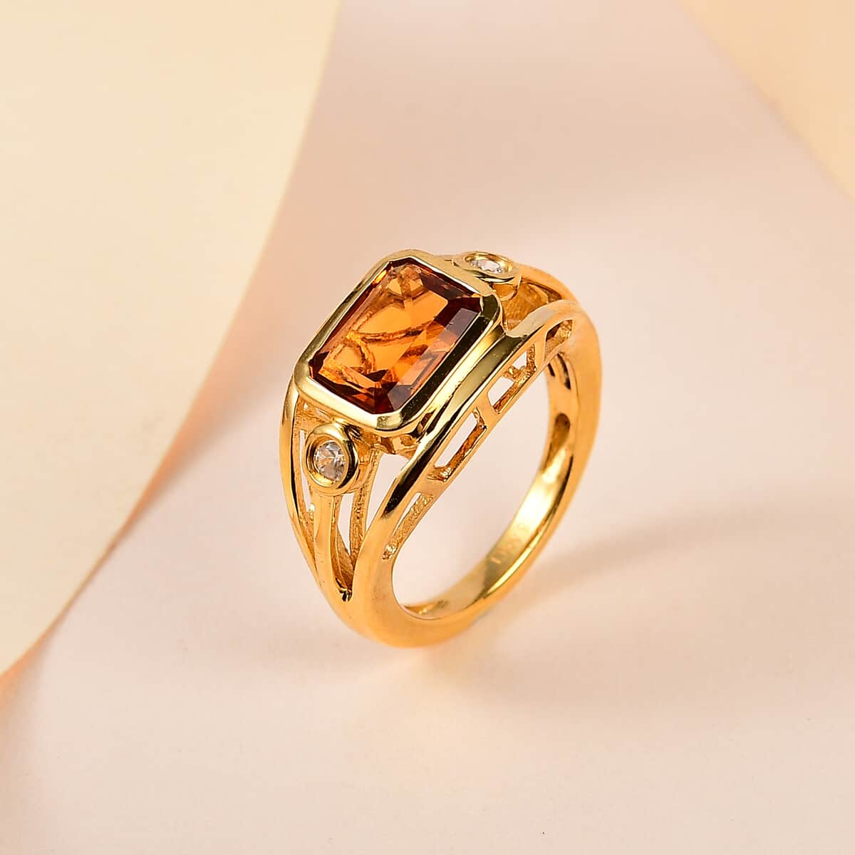 Premium Santa Ana Madeira Citrine and White Zircon Split Shank Ring in Vermeil Yellow Gold Over Sterling Silver (Size 10.0) 2.50 ctw image number 1