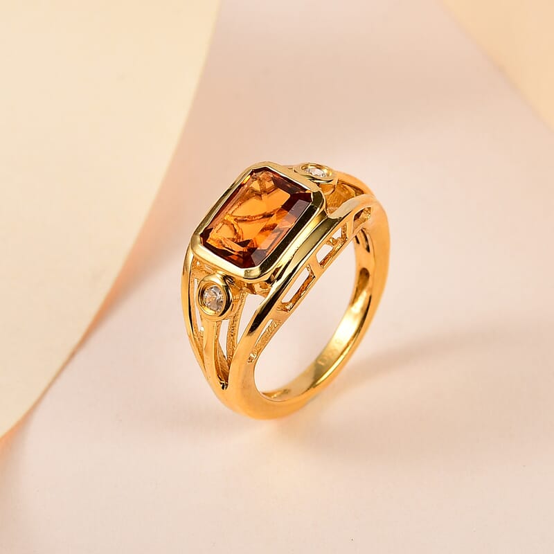 Premium Santa Ana Madeira Citrine and White Zircon Split Shank Ring in Vermeil Yellow Gold Over Sterling Silver (Size 10.0) 2.50 ctw