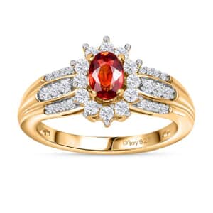 AAA Red Sapphire and White Zircon Sunburst Ring in Vermeil Yellow Gold Over Sterling Silver (Size 10.0) 1.15 ctw