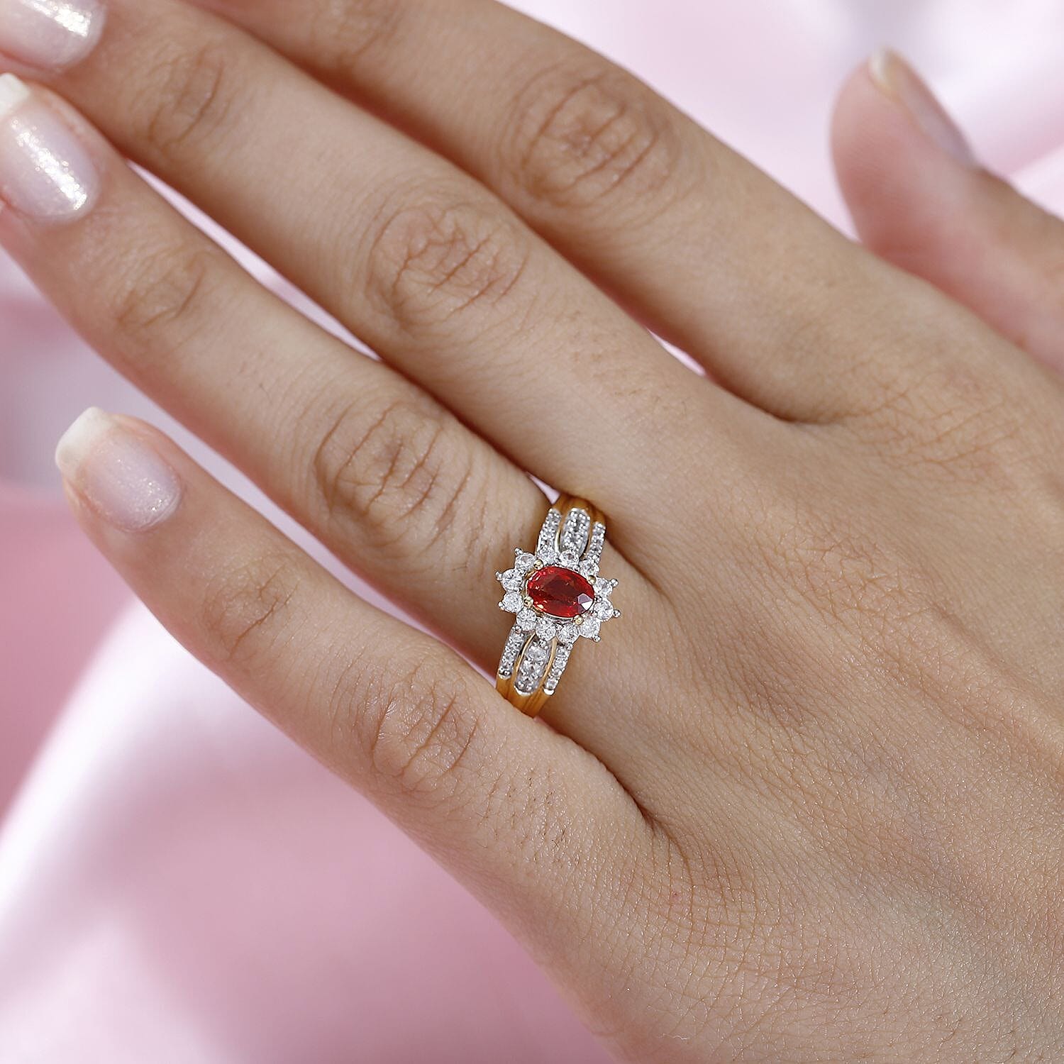 AAA Red Sapphire and White Zircon Sunburst Ring in Vermeil Yellow Gold Over Sterling Silver (Size 10.0) 1.15 ctw