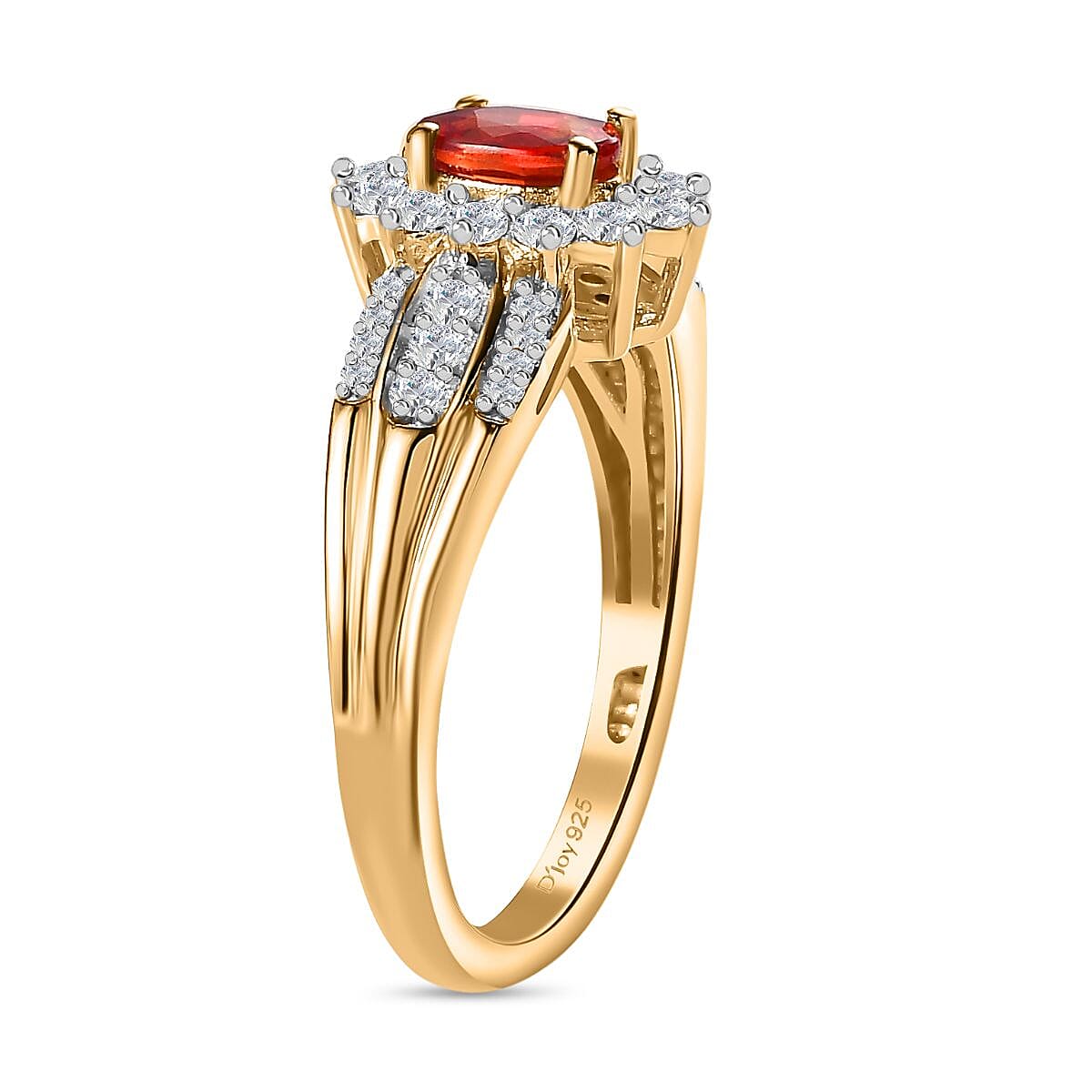 AAA Red Sapphire and White Zircon Sunburst Ring in Vermeil Yellow Gold Over Sterling Silver (Size 10.0) 1.15 ctw