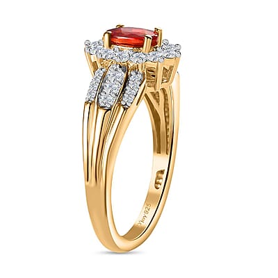 AAA Red Sapphire and White Zircon Sunburst Ring in Vermeil Yellow Gold Over Sterling Silver (Size 10.0) 1.15 ctw