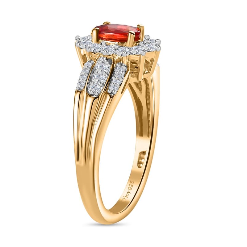AAA Red Sapphire and White Zircon Sunburst Ring in Vermeil Yellow Gold Over Sterling Silver (Size 10.0) 1.15 ctw