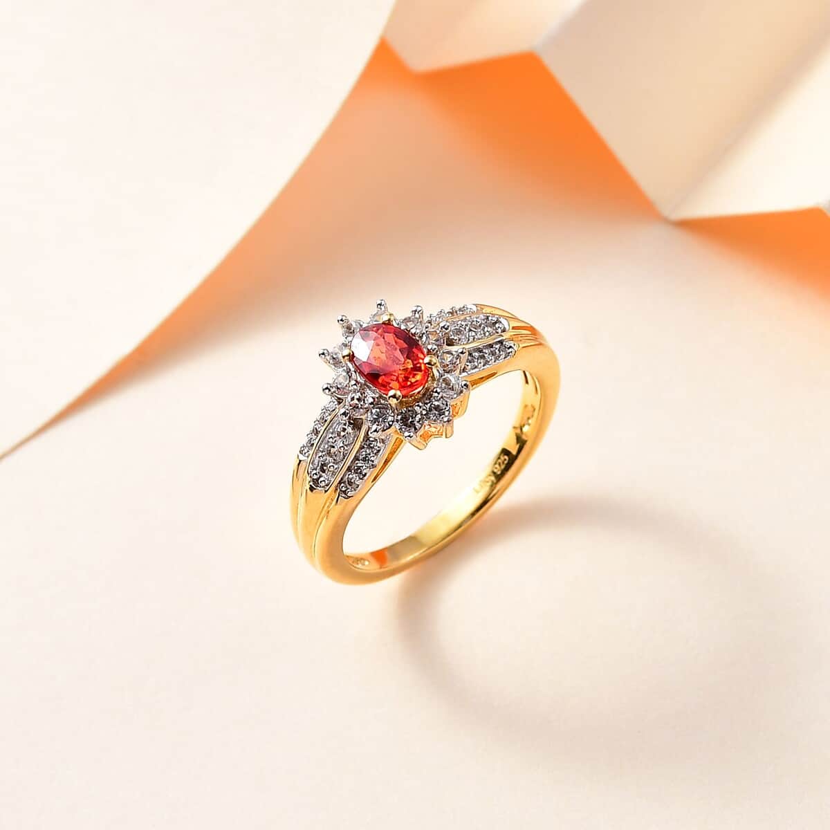 AAA Red Sapphire and White Zircon Sunburst Ring in Vermeil Yellow Gold Over Sterling Silver (Size 6.0) 1.15 ctw image number 1