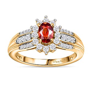 AAA Red Sapphire and White Zircon Sunburst Ring in Vermeil Yellow Gold Over Sterling Silver (Size 7.0) 1.15 ctw