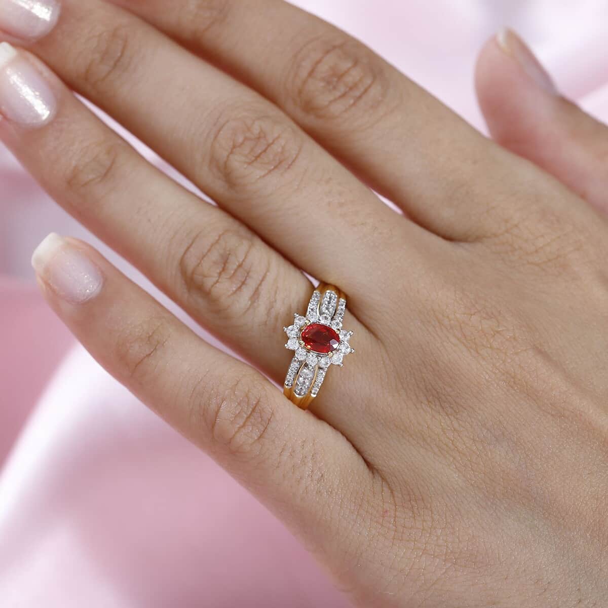 AAA Red Sapphire and White Zircon Sunburst Ring in Vermeil Yellow Gold Over Sterling Silver (Size 7.0) 1.15 ctw image number 2