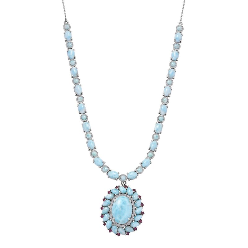 Larimar and Multi Gemstone Flower Necklace 18-20 Inches in Platinum Over Sterling Silver 43.65 ctw