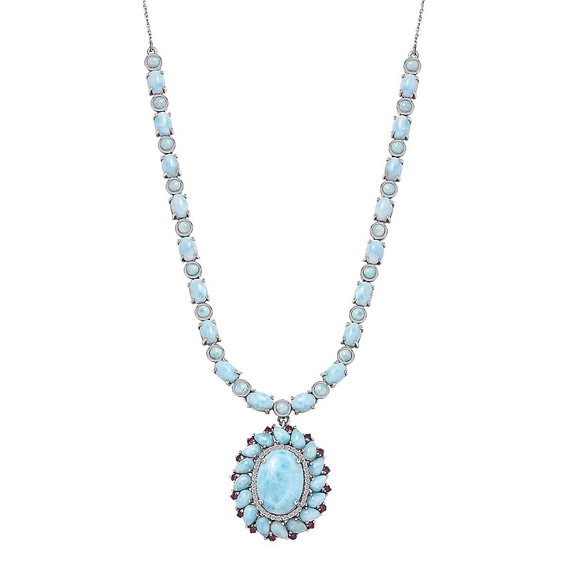 Larimar and Multi Gemstone Flower Necklace 18-20 Inches in Platinum Over Sterling Silver 43.65 ctw