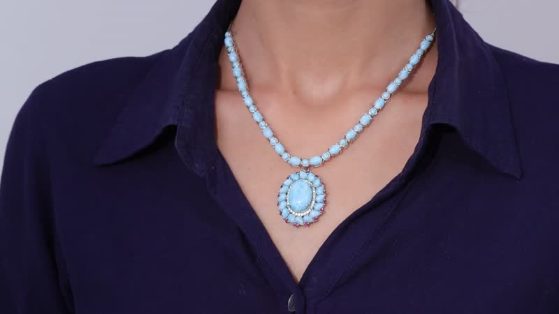 Larimar and Multi Gemstone Flower Necklace 18-20 Inches in Platinum Over Sterling Silver 43.65 ctw