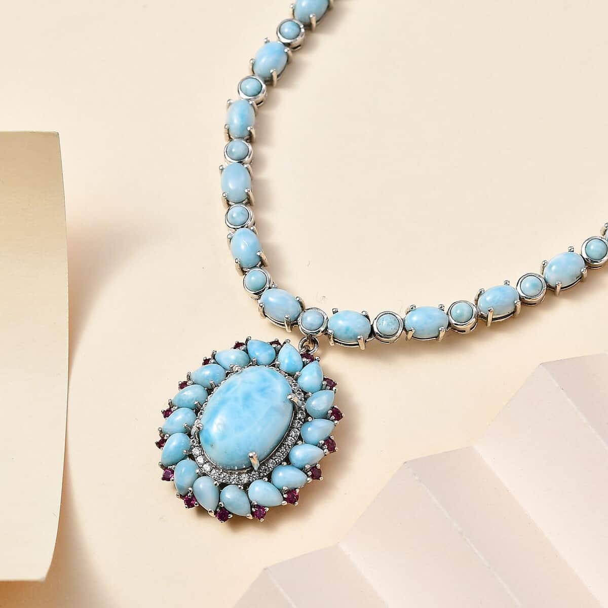 Larimar and Multi Gemstone Flower Necklace 18-20 Inches in Platinum Over Sterling Silver 43.65 ctw image number 1