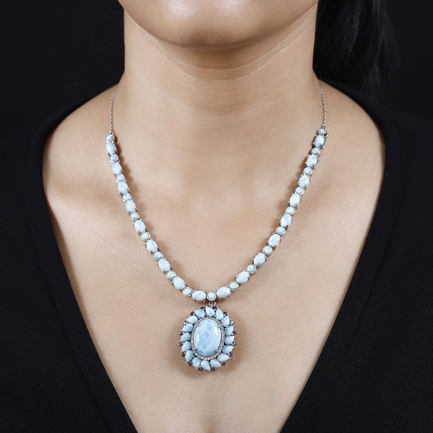 Larimar and Multi Gemstone Flower Necklace 18-20 Inches in Platinum Over Sterling Silver 43.65 ctw