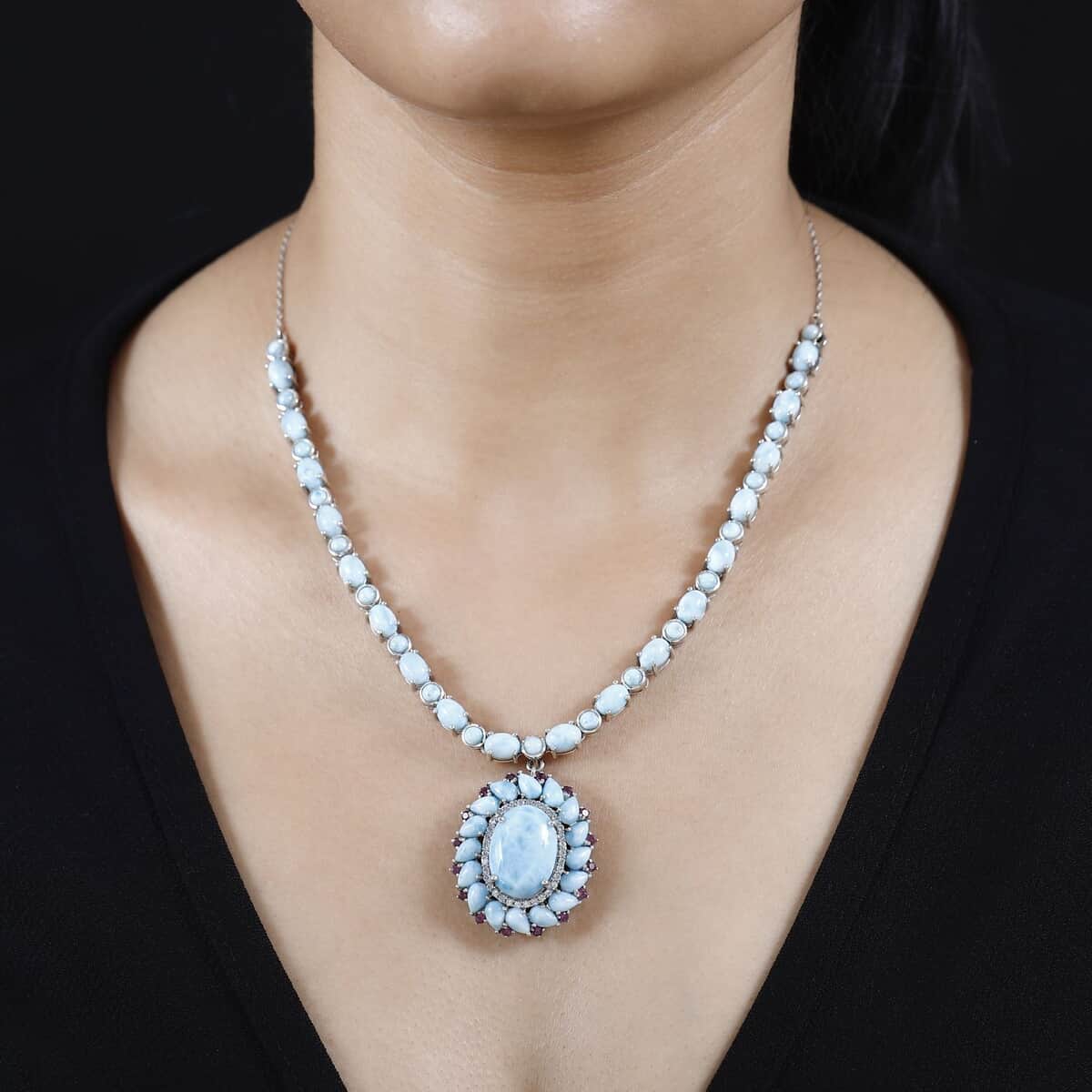 Larimar and Multi Gemstone Flower Necklace 18-20 Inches in Platinum Over Sterling Silver 43.65 ctw image number 2