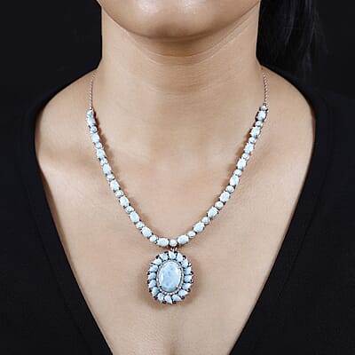 Larimar and Multi Gemstone Flower Necklace 18-20 Inches in Platinum Over Sterling Silver 43.65 ctw