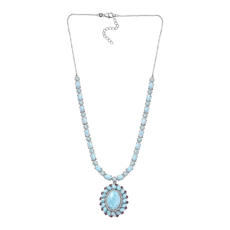 Larimar and Multi Gemstone Flower Necklace 18-20 Inches in Platinum Over Sterling Silver 43.65 ctw