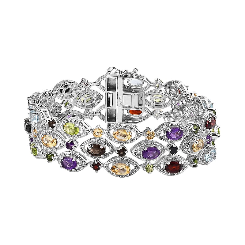 Multi Gemstone 3 Row Bracelet in Platinum Over Sterling Silver (6.50 In) 19.10 ctw