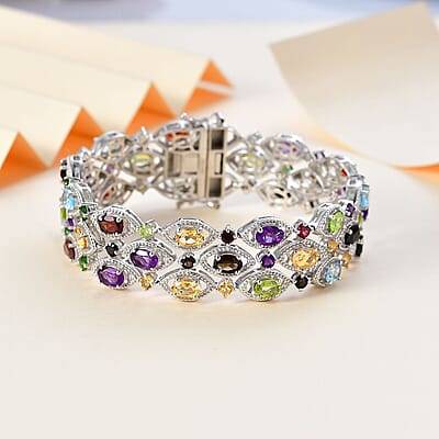 Multi Gemstone 3 Row Bracelet in Platinum Over Sterling Silver (6.50 In) 19.10 ctw