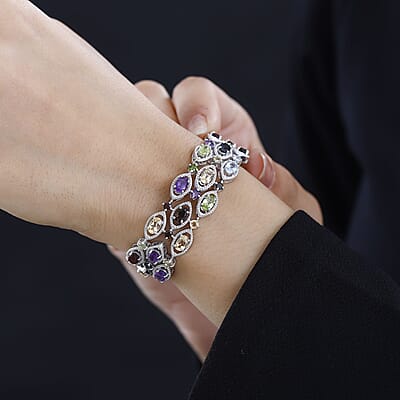 Multi Gemstone 3 Row Bracelet in Platinum Over Sterling Silver (6.50 In) 19.10 ctw