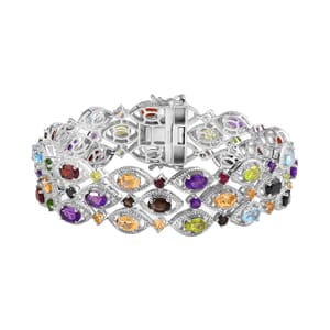 Multi Gemstone 3 Row Bracelet in Platinum Over Sterling Silver (7.25 In) 21.00 ctw