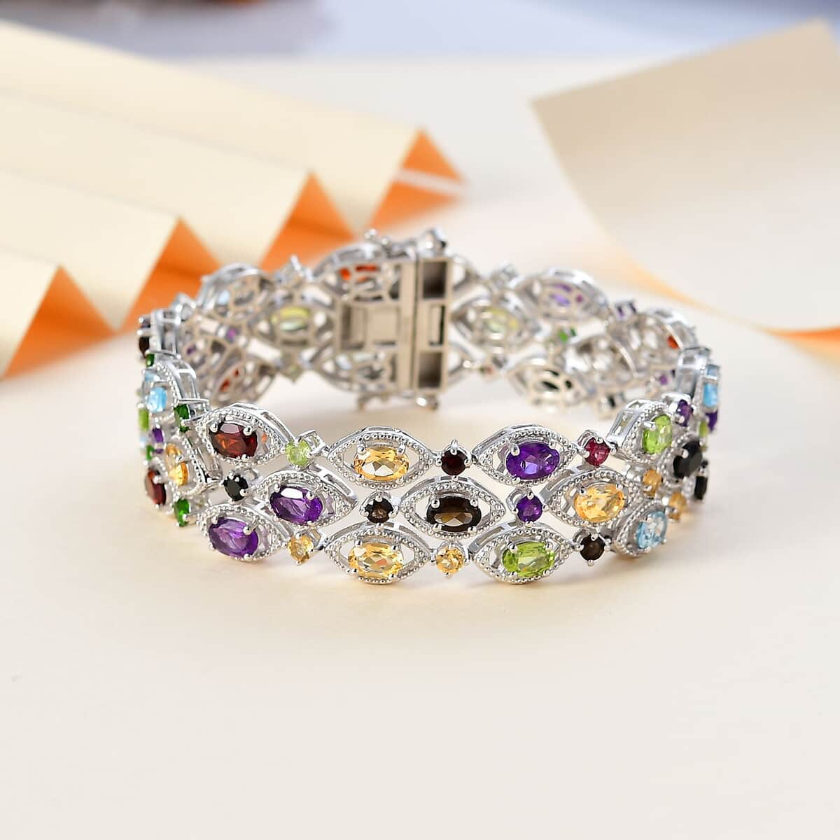 Multi Gemstone 3 Row Bracelet in Platinum Over Sterling Silver (7.25 In) 21.00 ctw image number 1