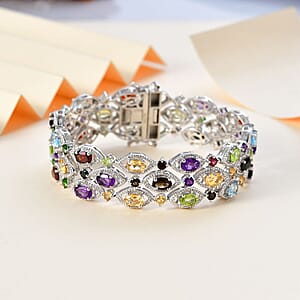 D'Joy Multi Gemstone 3 Row Bracelet in Platinum Over Sterling Silver (7.25 In) 21.00 ctw