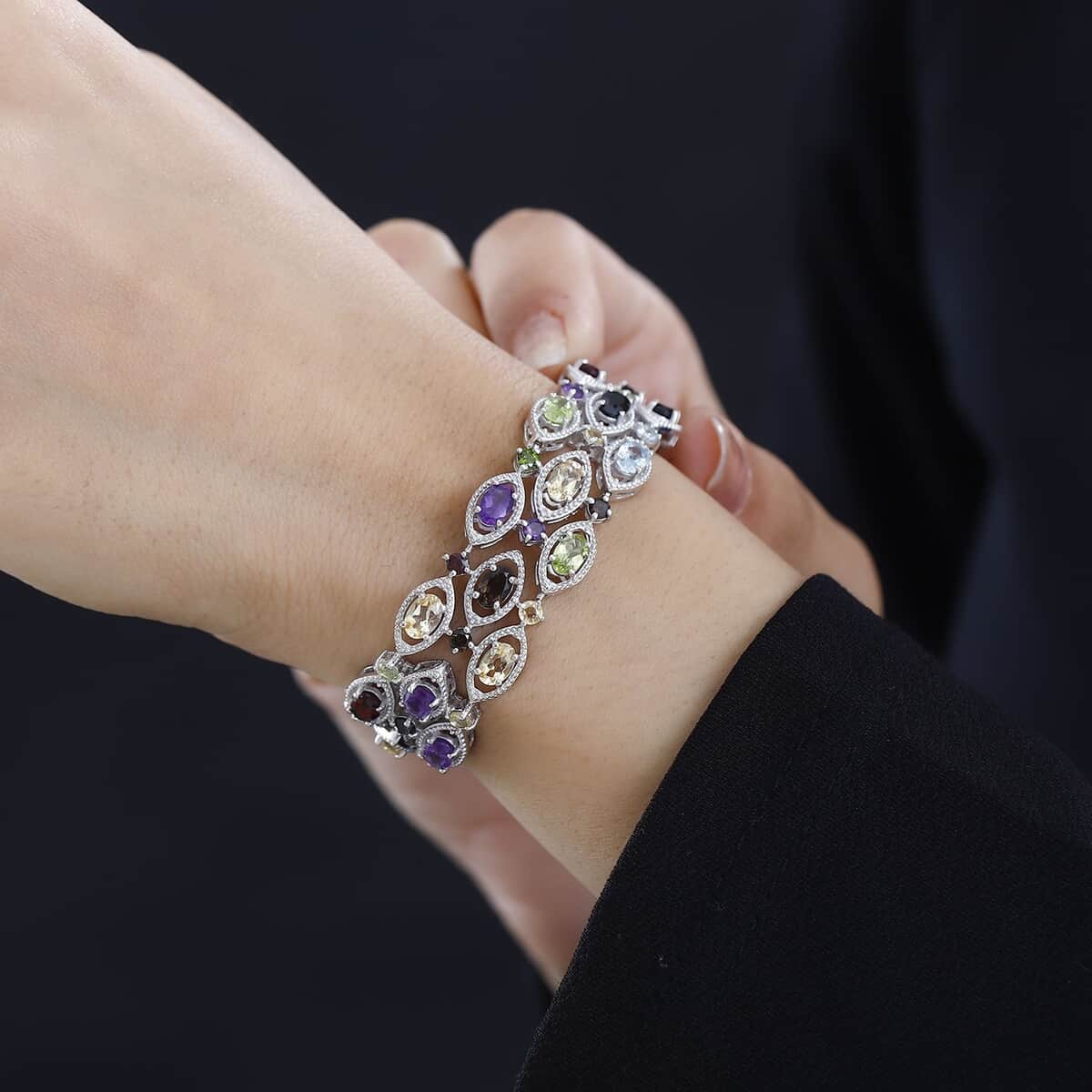 Multi Gemstone 3 Row Bracelet in Platinum Over Sterling Silver (7.25 In) 21.00 ctw image number 2