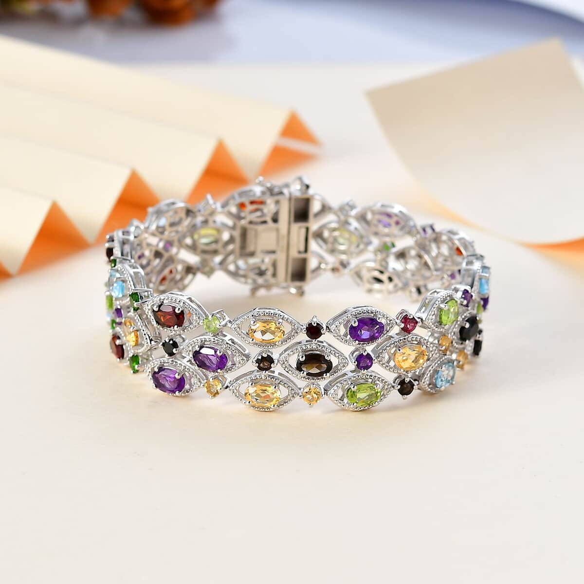 Multi Gemstone 3 Row Bracelet in Platinum Over Sterling Silver (8.00 In) 23.00 ctw image number 1