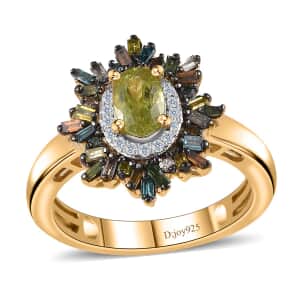 Premium Sava Sphene and Multi Diamond Sunburst Ring in Vermeil Yellow Gold Over Sterling Silver (Size 10.0) 0.90 ctw