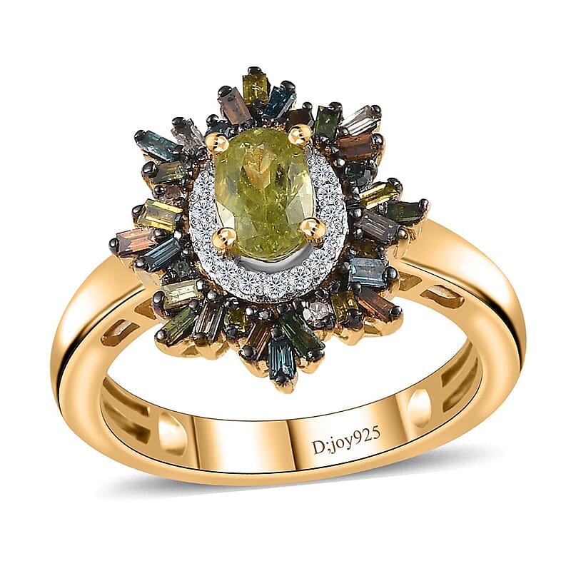 Premium Sava Sphene and Multi Diamond Sunburst Ring in Vermeil Yellow Gold Over Sterling Silver (Size 10.0) 0.90 ctw