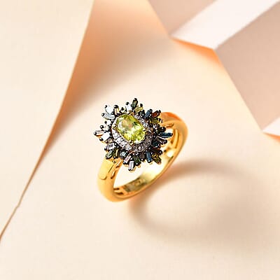 Premium Sava Sphene and Multi Diamond Sunburst Ring in Vermeil Yellow Gold Over Sterling Silver (Size 10.0) 0.90 ctw