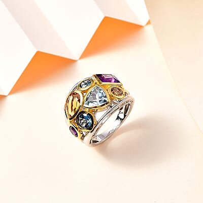 Sky Blue Topaz and Multi Gemstone Ring in Vermeil YG and Platinum Over Sterling Silver (Size 10.0) 4.65 ctw