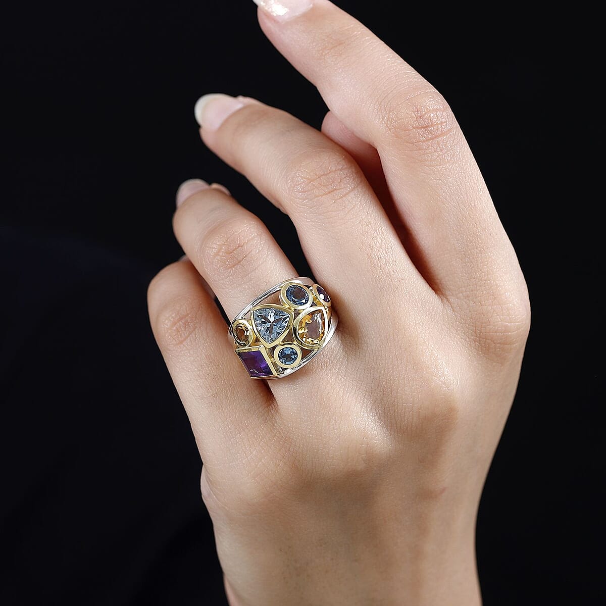Sky Blue Topaz and Multi Gemstone Ring in Vermeil YG and Platinum Over Sterling Silver (Size 8.0) 4.65 ctw image number 2