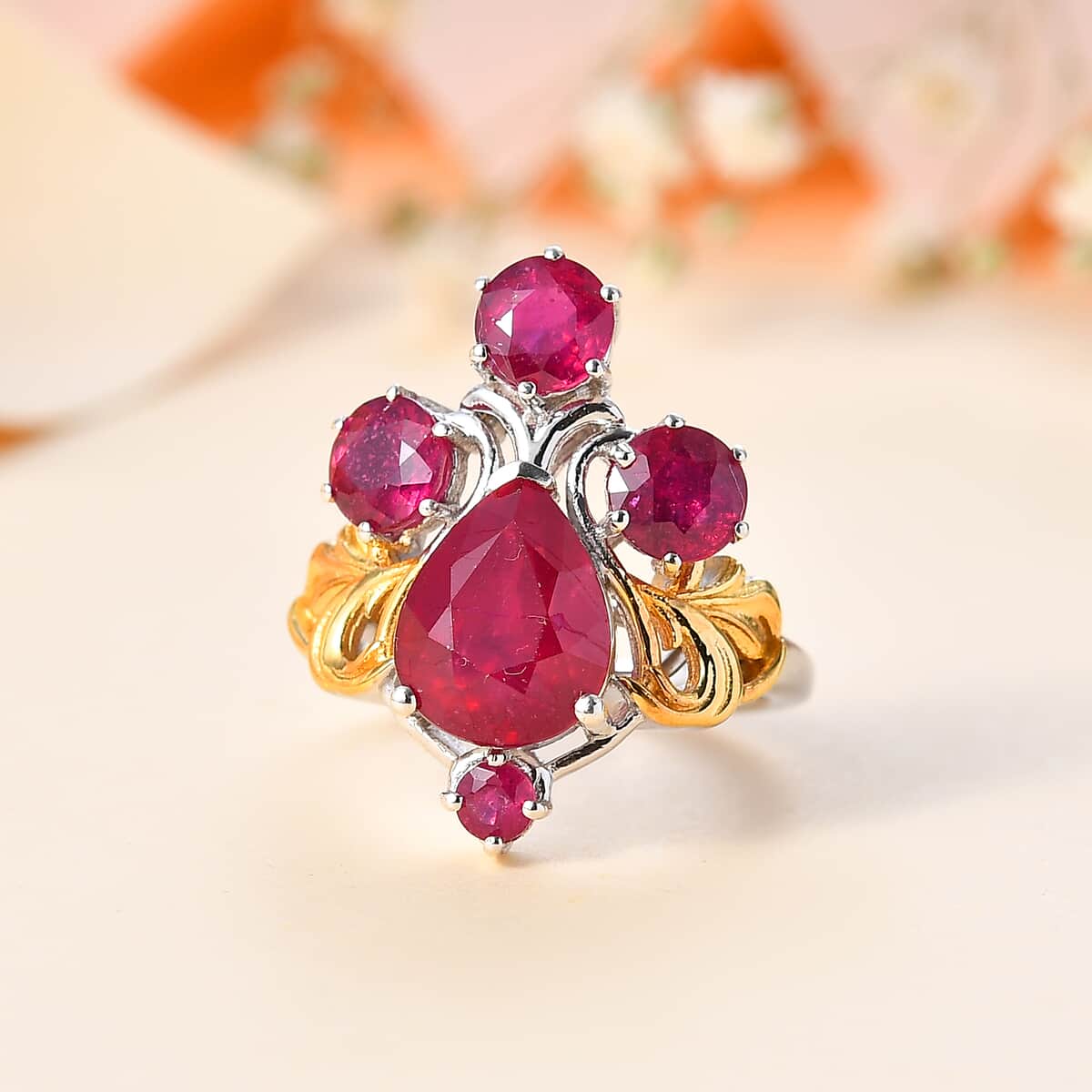 Niassa Ruby (FF) Ring in Vermeil YG and Platinum Over Sterling Silver (Size 5.0) 6.10 ctw image number 1