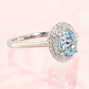 Certified Iliana 18K White Gold AAA Santa Maria Aquamarine and G-H SI Diamond Double Halo Ring (Size 12.0) 1.00 ctw