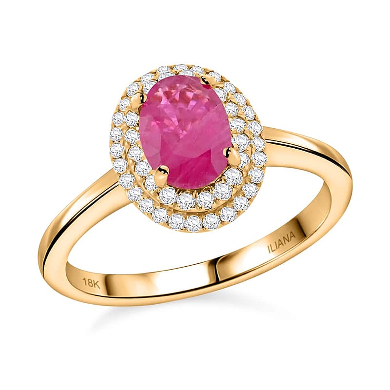 Certified and Appraised Iliana 18K Yellow Gold AAA Mozambique Ruby and G-H SI Diamond Double Halo Ring (Size 12.0) 1.10 ctw