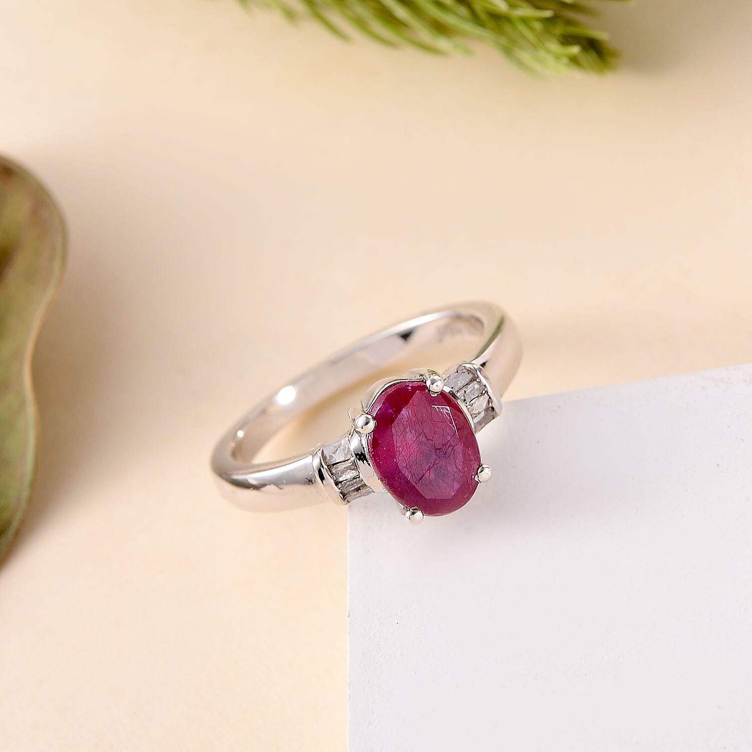 Niassa Ruby (FF) and Diamond 1.80 ctw Ring in Platinum Over Sterling Silver (Size 8.0)