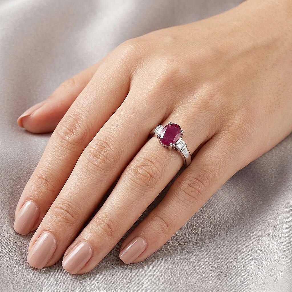 Niassa Ruby (FF) and Diamond 1.80 ctw Ring in Platinum Over Sterling Silver (Size 8.0)