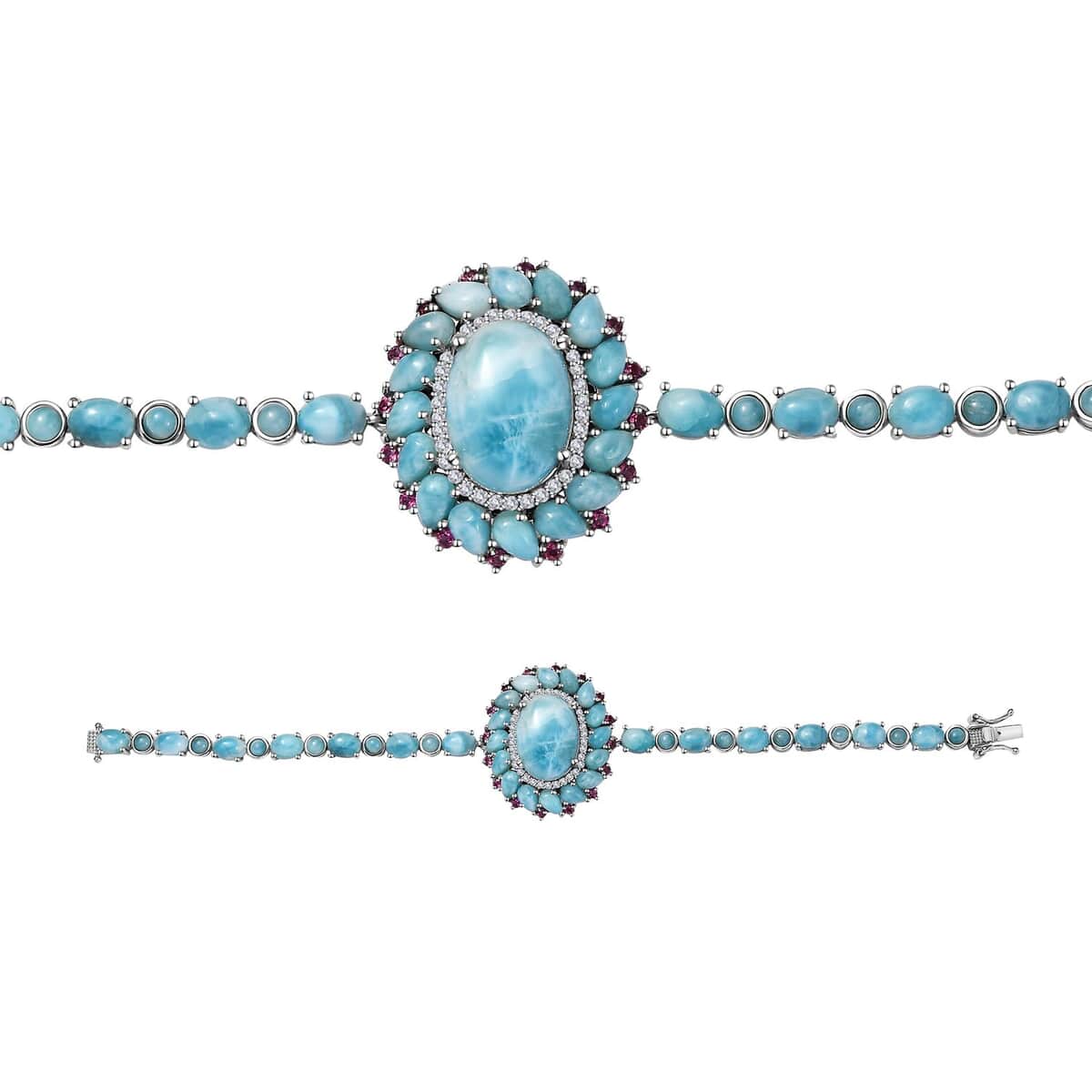 Larimar, Multi Gemstone Flower Bracelet in Platinum Over Sterling Silver (7.25 In) 36.85 ctw image number 0