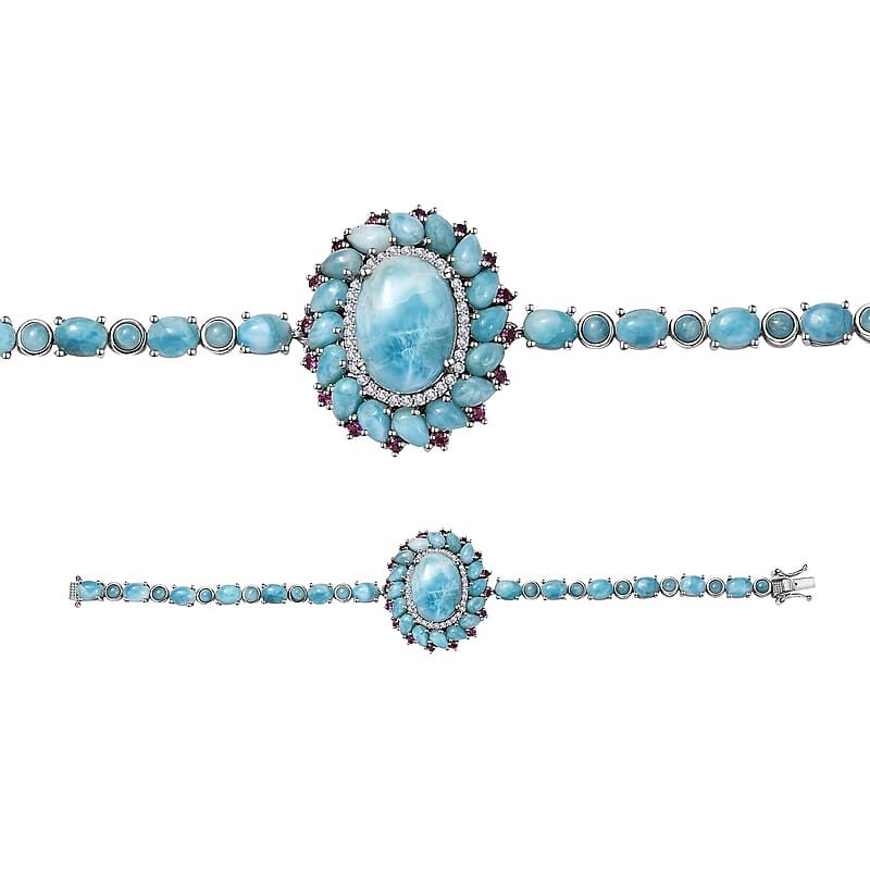 D'Joy Larimar and Multi Gemstone Flower Bracelet in Platinum Over Sterling Silver (7.25 In) 36.85 ctw