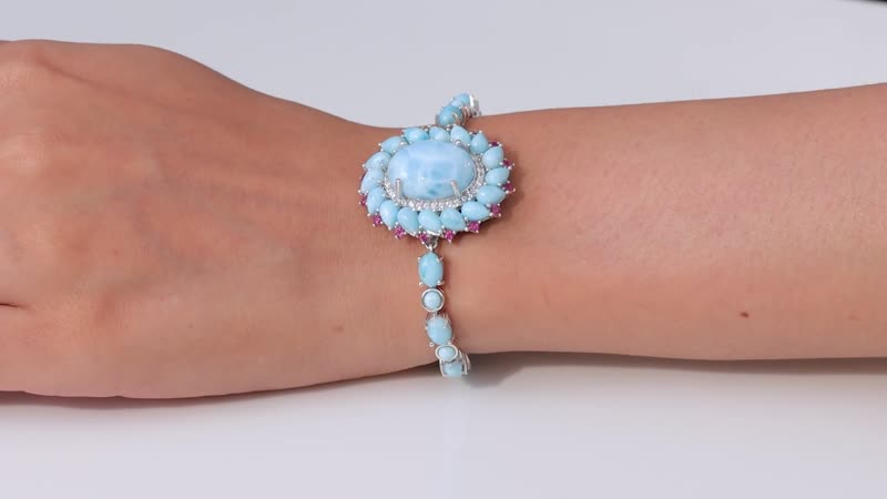 Larimar, Multi Gemstone Flower Bracelet in Platinum Over Sterling Silver (7.25 In) 36.85 ctw