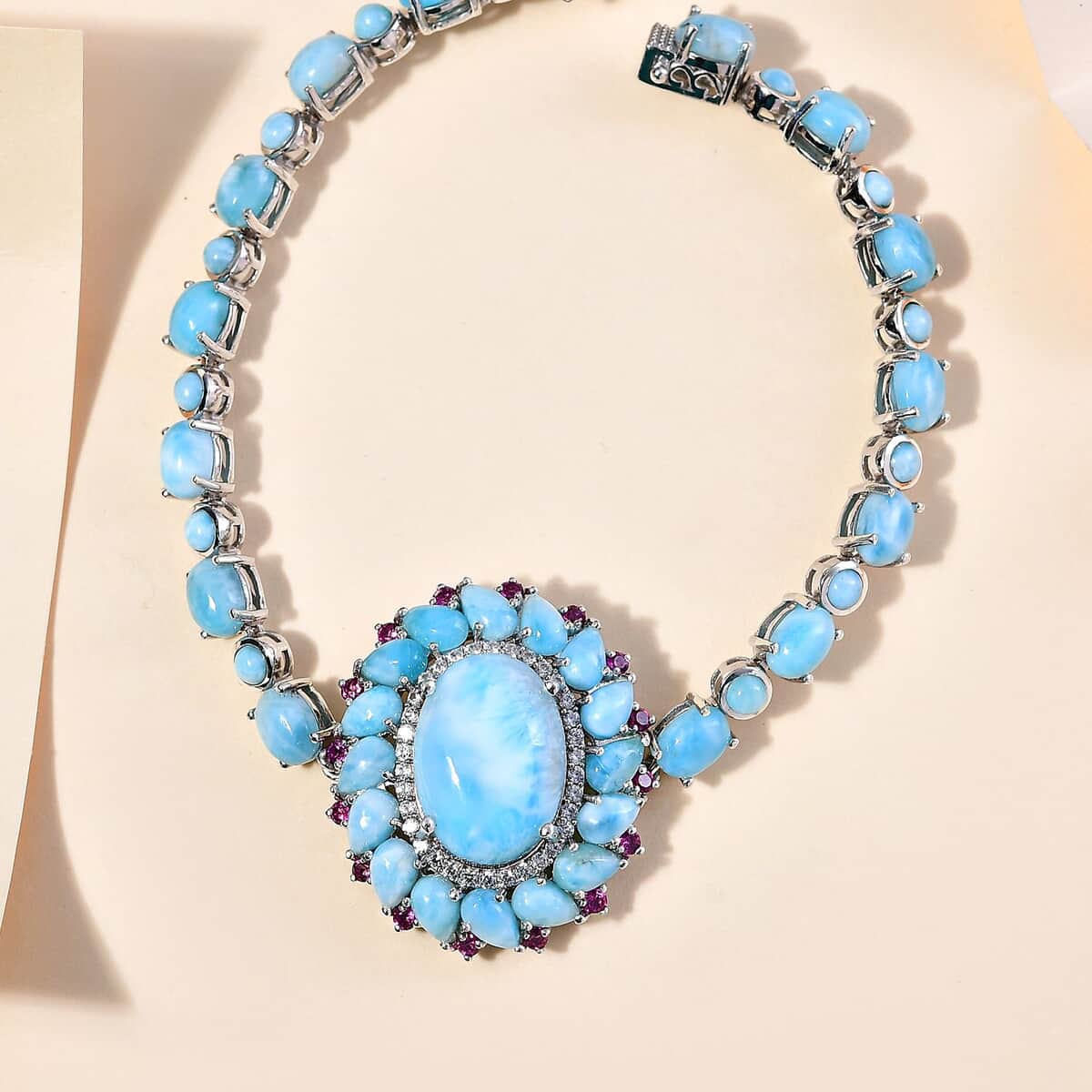 Larimar, Multi Gemstone Flower Bracelet in Platinum Over Sterling Silver (7.25 In) 36.85 ctw image number 1