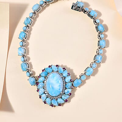 D'Joy Larimar and Multi Gemstone Flower Bracelet in Platinum Over Sterling Silver (7.25 In) 36.85 ctw