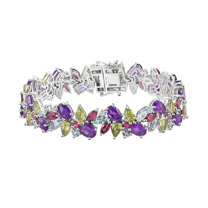 Multi Gemstone Plum Blossom Bracelet in Platinum Over Sterling Silver (7.25 In) 32.80 ctw