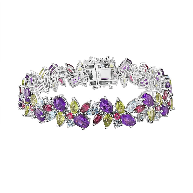 Multi Gemstone Plum Blossom Bracelet in Platinum Over Sterling Silver (7.25 In) 32.80 ctw