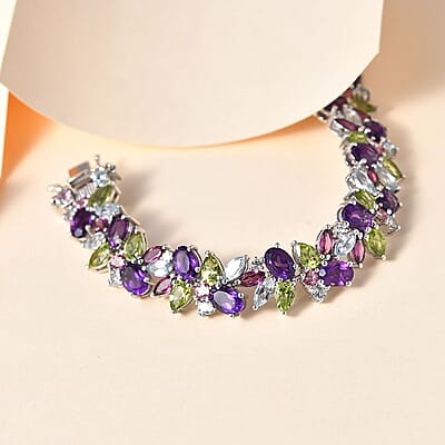 Multi Gemstone Plum Blossom Bracelet in Platinum Over Sterling Silver (7.25 In) 32.80 ctw