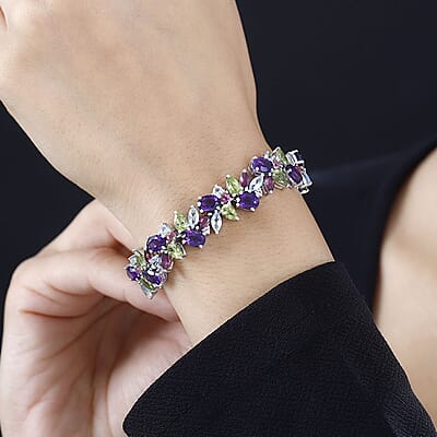 Multi Gemstone Plum Blossom Bracelet in Platinum Over Sterling Silver (7.25 In) 32.80 ctw