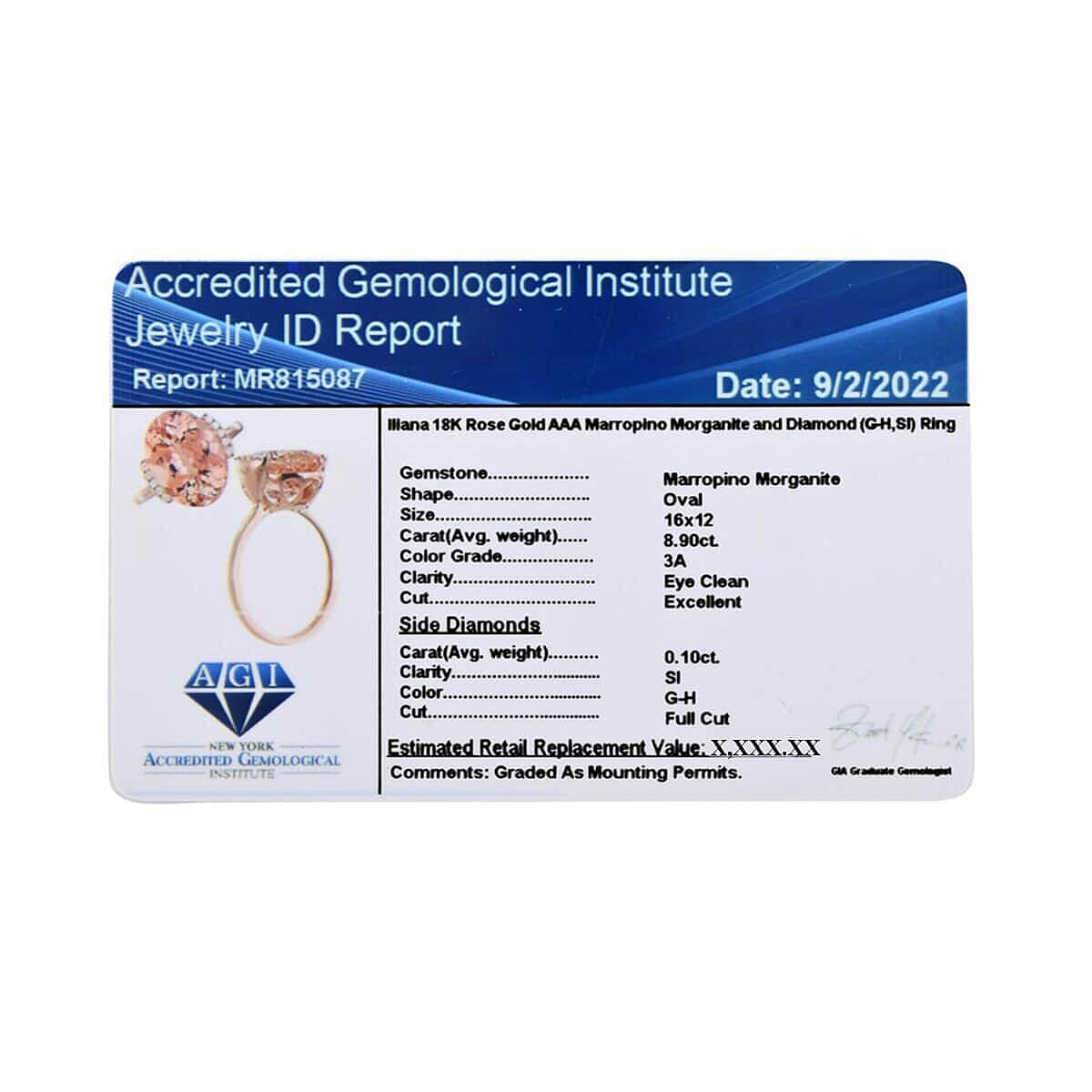 Certified & Appraised Iliana AAA Marropino Morganite and G-H I1 Diamond 9.00 ctw Ring in 18K Rose Gold (Size 5.0) image number 6