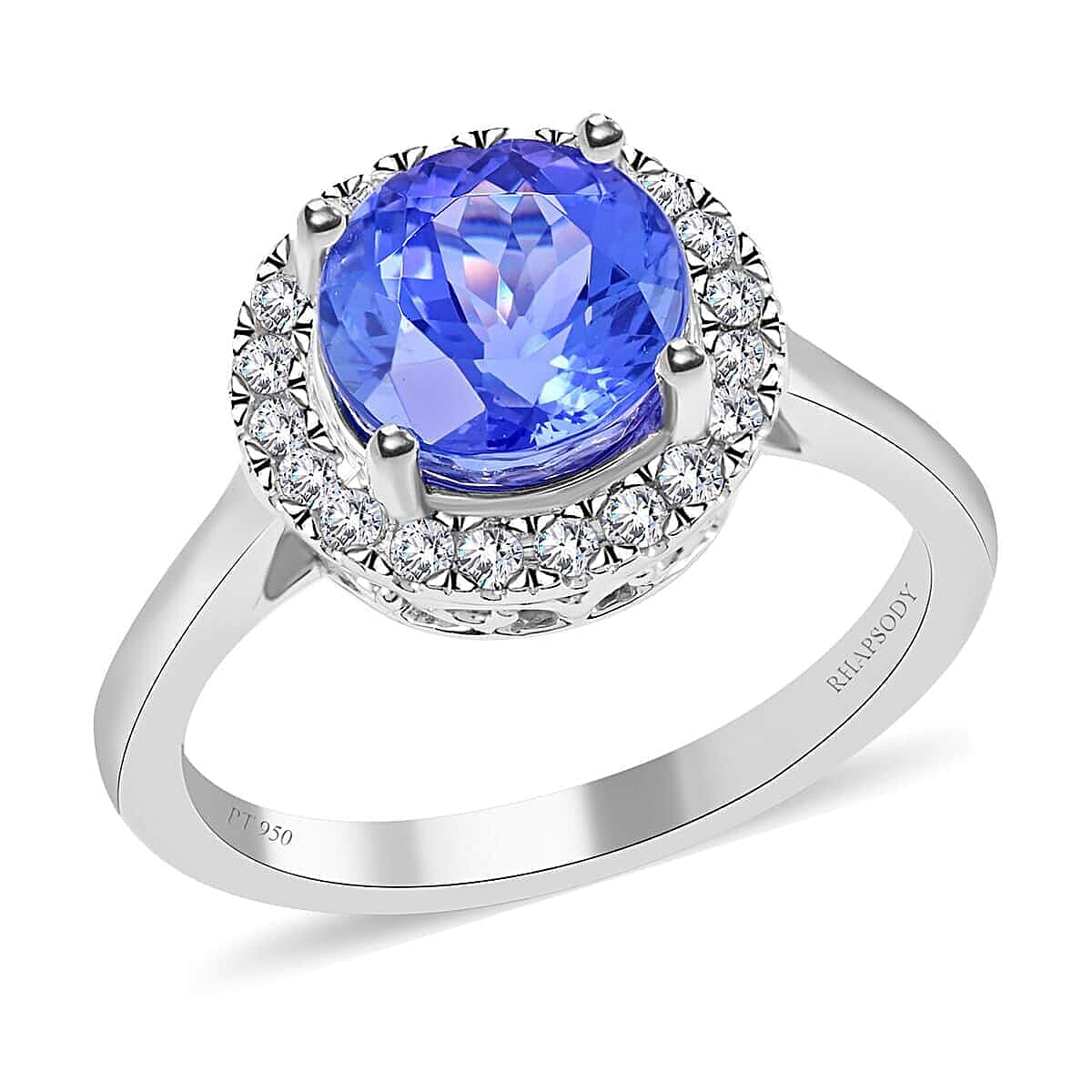 Certified and Appraised Rhapsody 950 Platinum AAAA Tanzanite and E-F VS Diamond Halo Ring (Size 5.5) 5.25 Grams 2.45 ctw image number 0